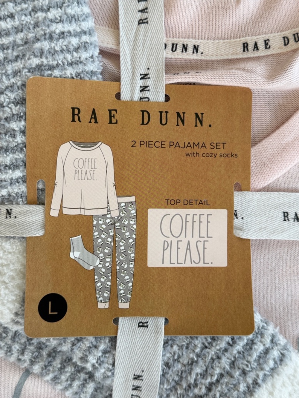 Rae Dunn “Coffee Please” Pink Pajama Set with Gray Cozy Socks. Womens Size L - Picture 2 of 5